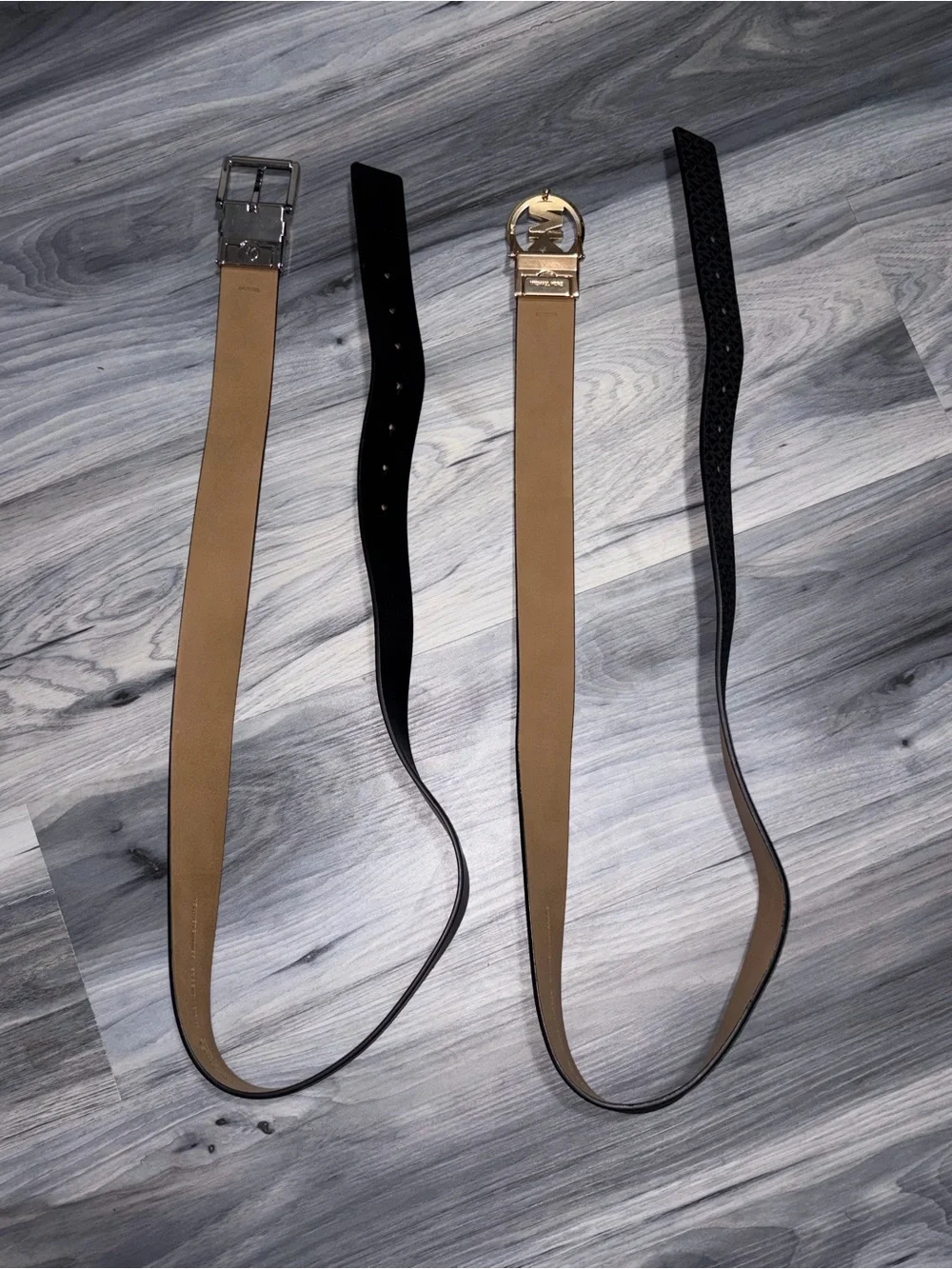 Michael Kors Gold MK Buckle All over Print Belt & Silver Buckle Solid Black Belt